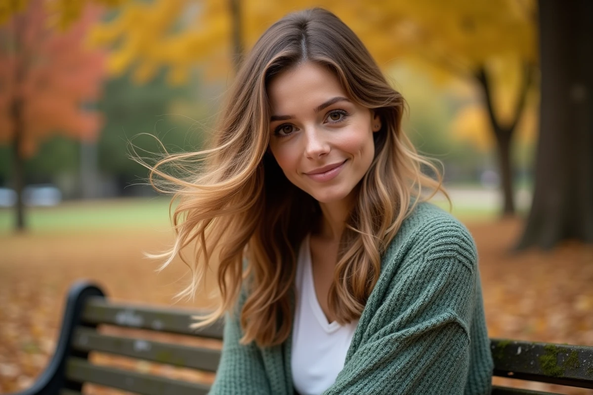 Femme aux cheveux mi-longs ondulés avec balayage doré sur fond de feuillage d'automne, coupe dégradée naturelle en mouvement dans un parc