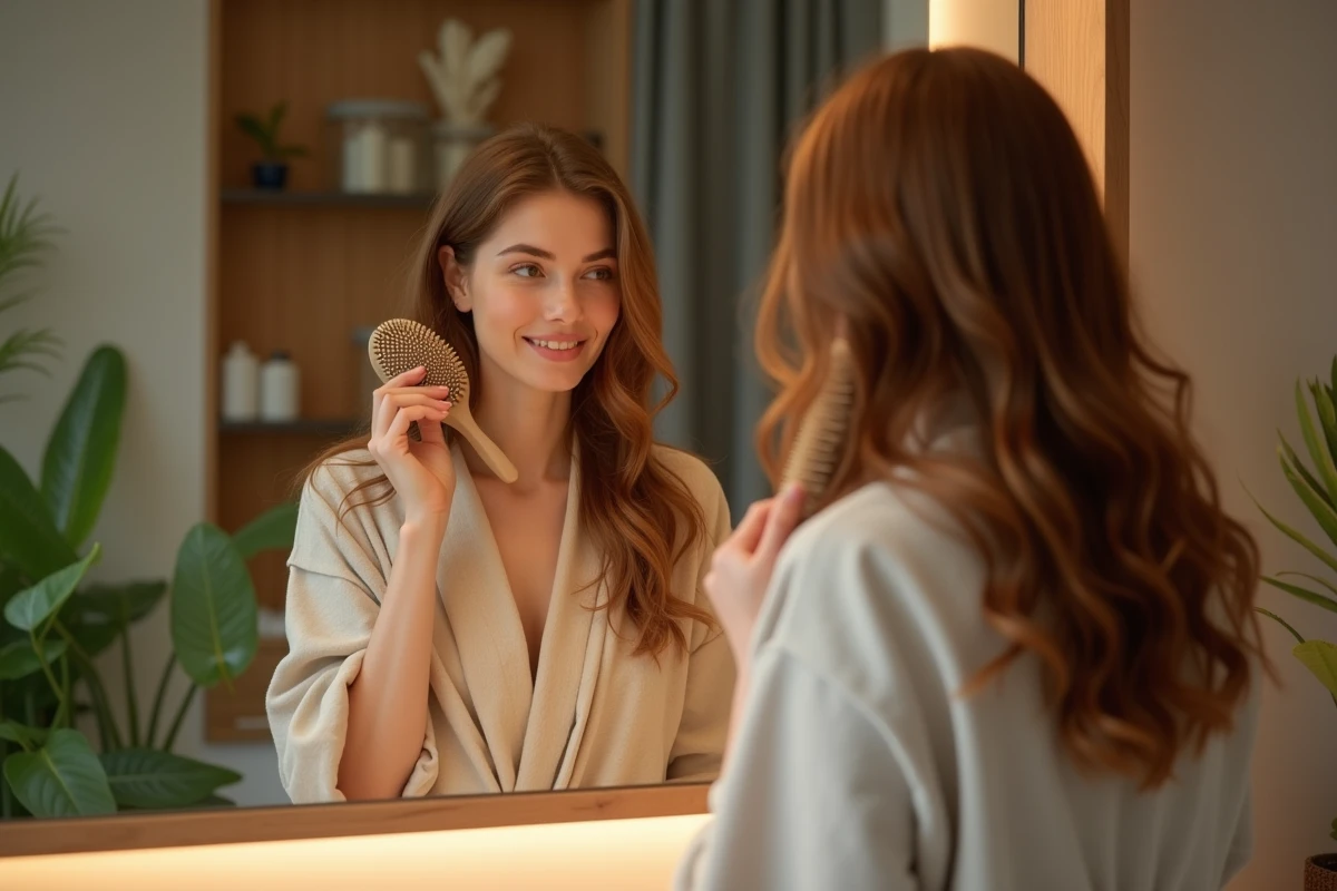 Femme aux cheveux ondulés châtains utilisant une brosse paddle dans une salle de bain contemporaine