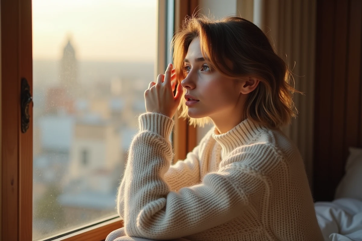 Jeune femme aux cheveux ondulés assise près d