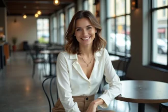 Femme élégante au carré boule dans un café moderne
