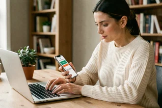 Femme utilisant un code promo aromazon sur son ordinateur portable tout en consultant son smartphone pour cumuler avec un cashback