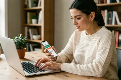 Femme utilisant un code promo aromazon sur son ordinateur portable tout en consultant son smartphone pour cumuler avec un cashback