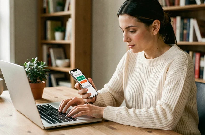 Femme utilisant un code promo aromazon sur son ordinateur portable tout en consultant son smartphone pour cumuler avec un cashback