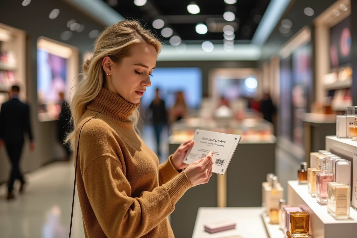 Femme comparant un code promo avec un présentoir de parfums dans un grand magasin