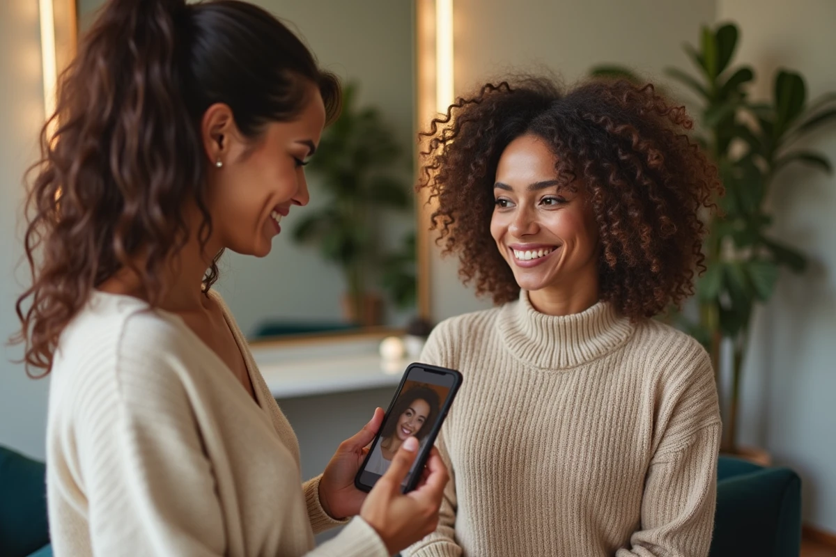 Femme avec cheveux bouclés montrant une photo de référence à la coiffeuse