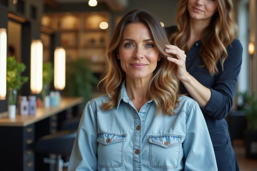 Femme élégante avec balayage caramel dans un salon de coiffure