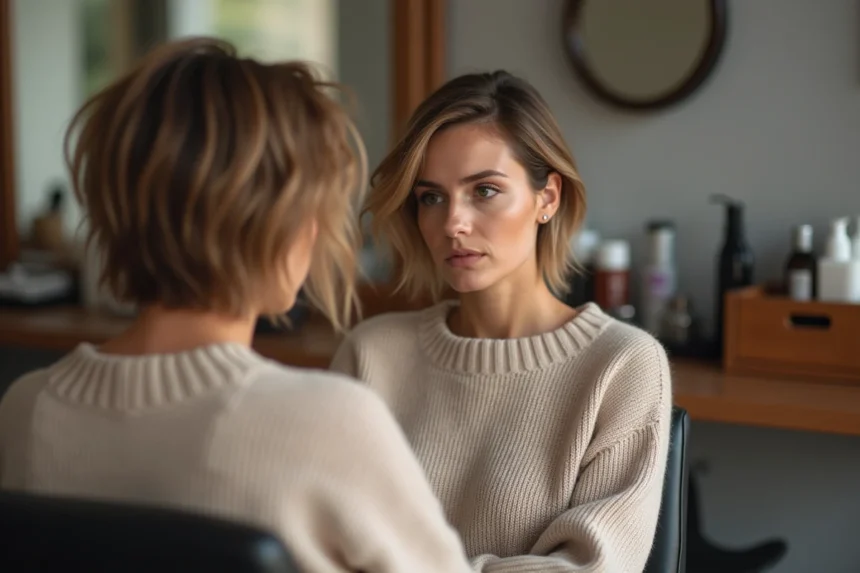 Femme regardant son reflet avec une coupe de cheveux inégale