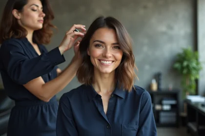 Femme élégante avec coupe bob dans un salon moderne