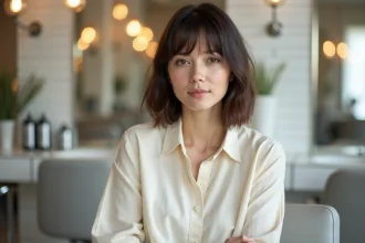 Femme aux cheveux châtains avec une coupe carré mi-long dans un salon de coiffure moderne