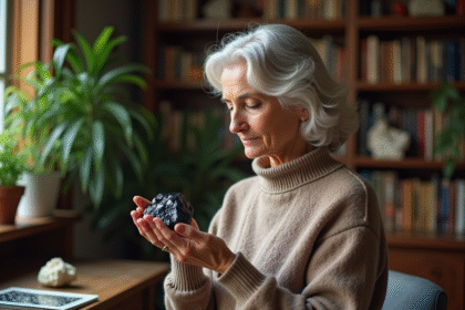 Femme méditant avec un cristal noir dans un intérieur lumineux