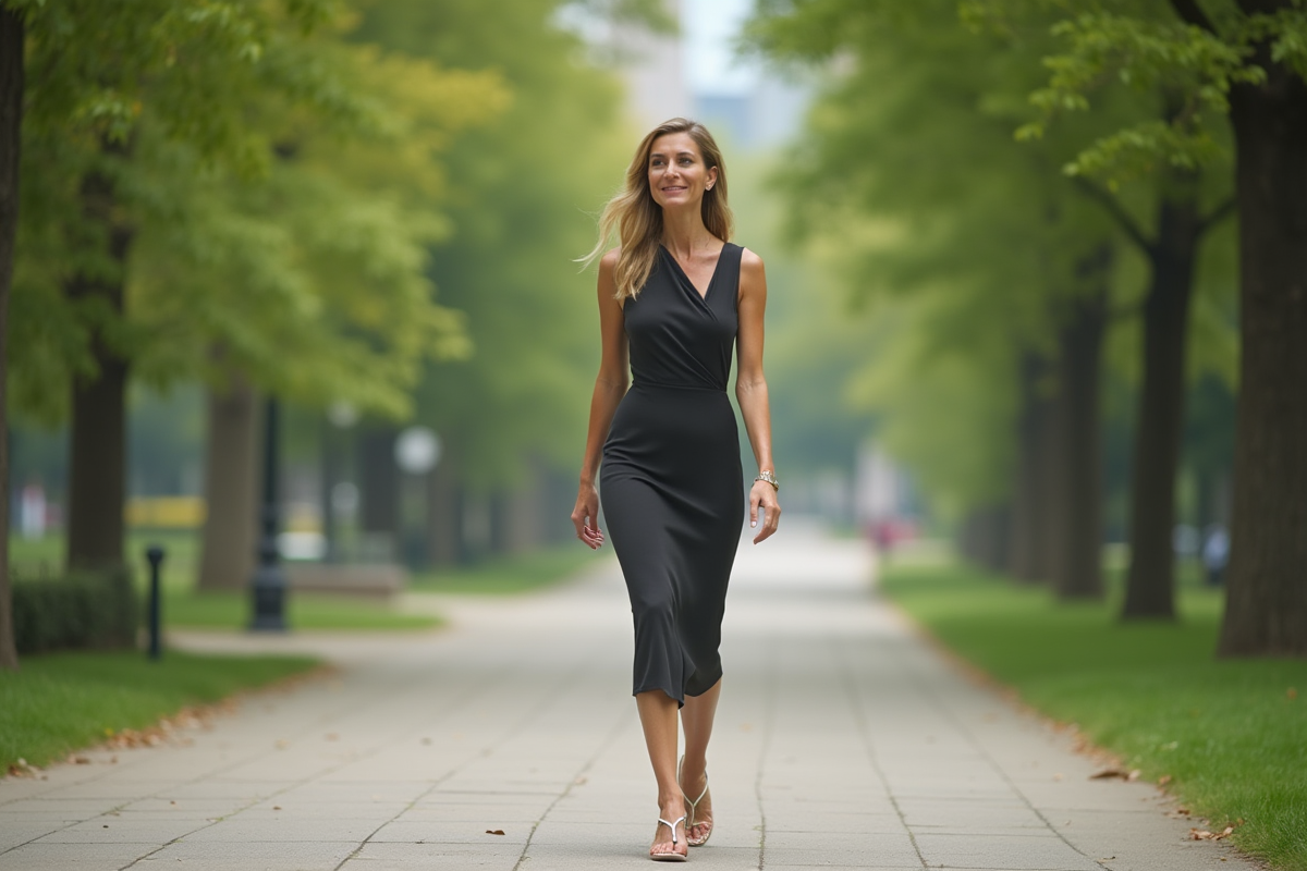 Femme en robe structurée dans un parc urbain verdoyant