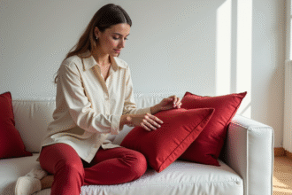 Jeune femme arrangeant des coussins rouges dans un salon moderne