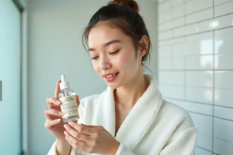 Jeune femme examinant une bouteille d'Eau Précieuse dans une salle de bain minimaliste, soin anti-acné naturel