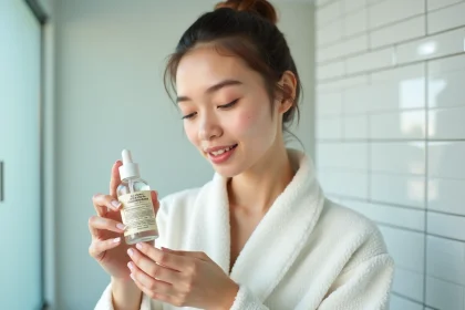 Jeune femme examinant une bouteille d'Eau Précieuse dans une salle de bain minimaliste, soin anti-acné naturel