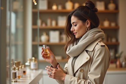 Femme élégante appliquant du parfum dans une boutique raffinée