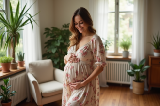 Femme enceinte souriante dans un intérieur chaleureux