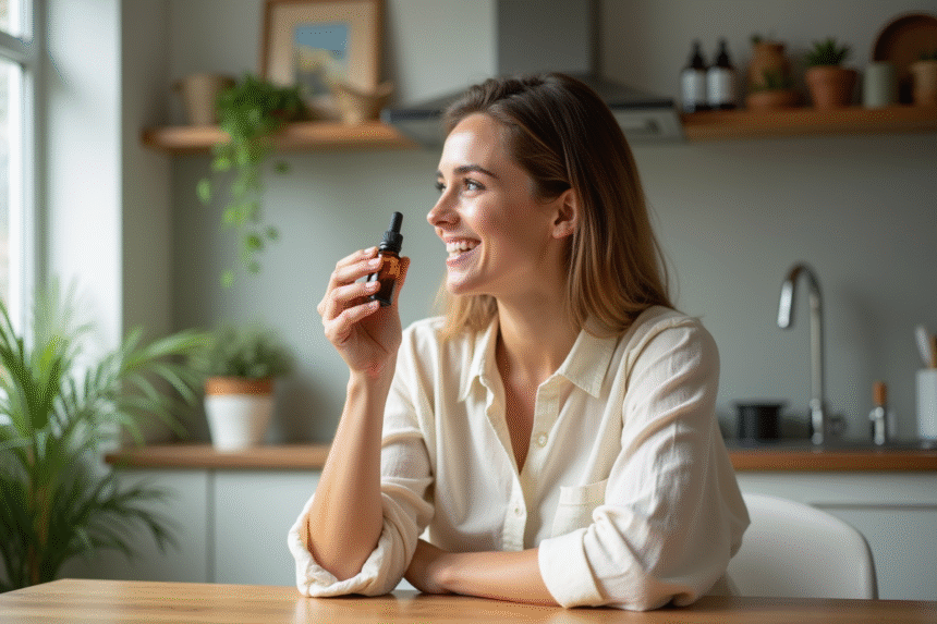 Femme souriante avec huile essentielle dans un intérieur lumineux