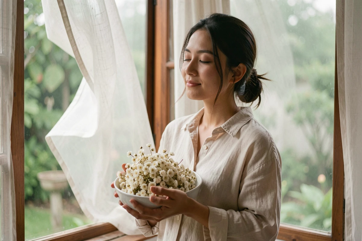 Femme tenant un bol en céramique avec des fleurs de jasmin séchées près d'une fenêtre ouverte dans une atmosphère apaisante