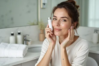 Femme de 40 ans utilisant un dispositif laser de soin de la peau LYMA à sa coiffeuse en marbre blanc, rendu hyper-réaliste