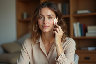 Femme appliquant du fond de teint sur la joue dans une chambre chaleureuse