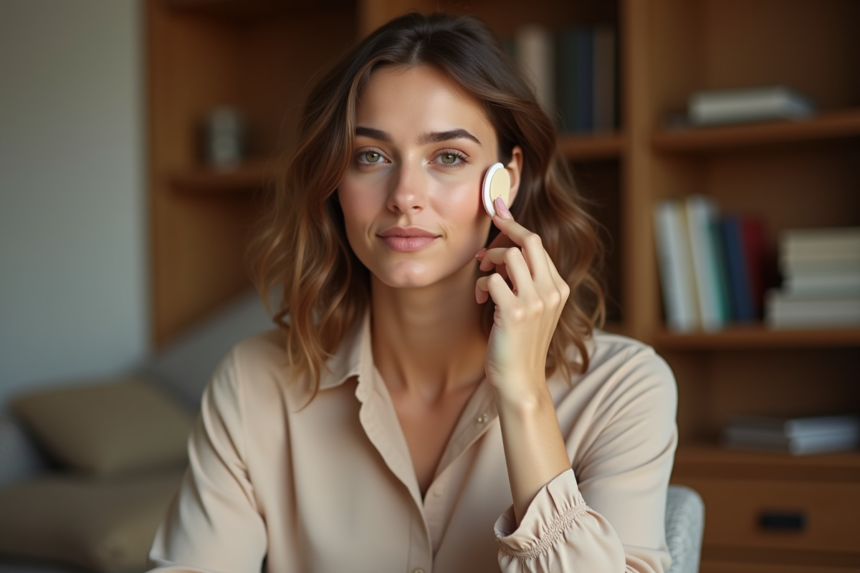 Femme appliquant du fond de teint sur la joue dans une chambre chaleureuse