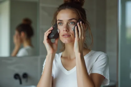 Jeune femme se massant le visage avec un savon dans la salle de bain