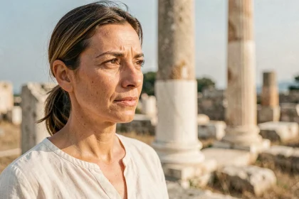 Femme méditerranéenne au nez grec caractéristique devant des ruines antiques à Athènes