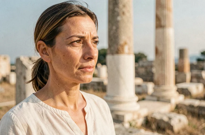 Femme méditerranéenne au nez grec caractéristique devant des ruines antiques à Athènes