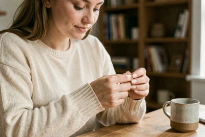 Jeune femme admirant ses ongles en porcelaine soignés, assise à son bureau à domicile, méthode pour arrêter de ronger les ongles