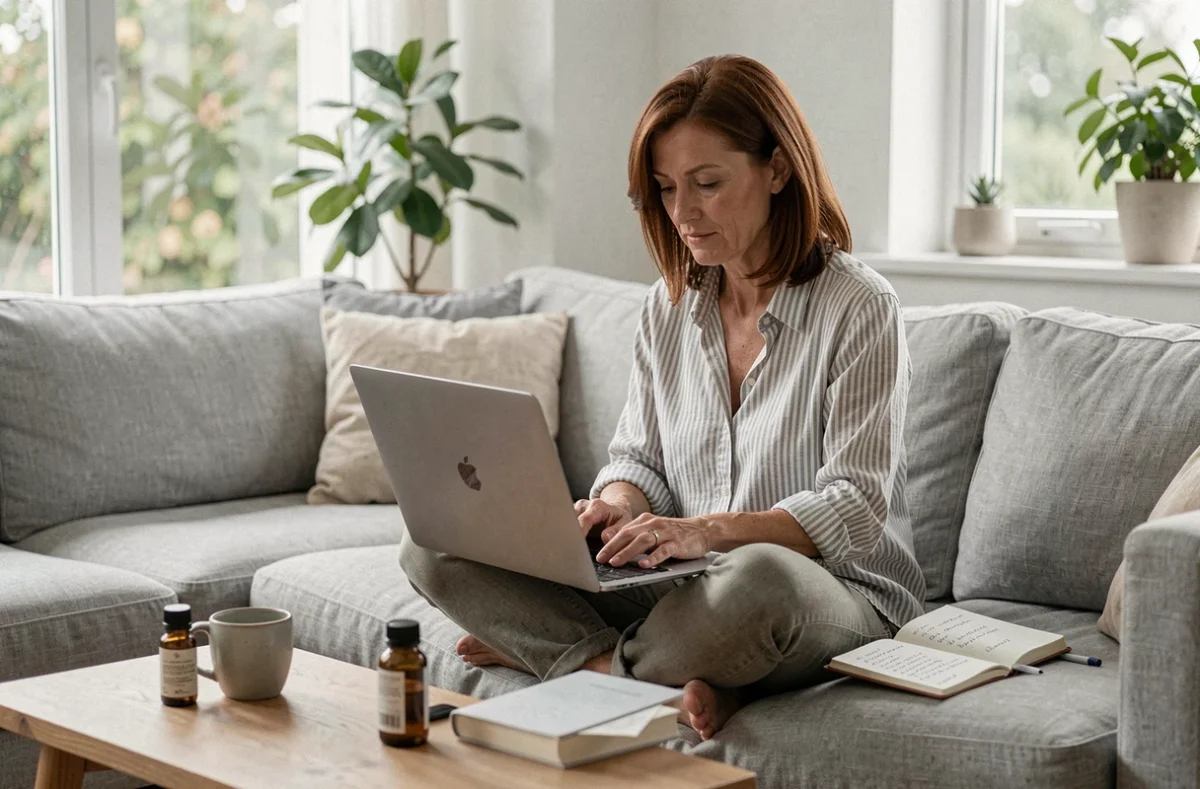 Femme assise sur un canapé avec un ordinateur portable et un carnet de notes pour organiser ses codes promo aromazon et ses remises cashback