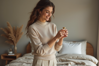 Femme élégante appliquant du parfum dans une chambre cosy