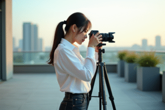 Jeune femme photographiant en ville avec un DSLR