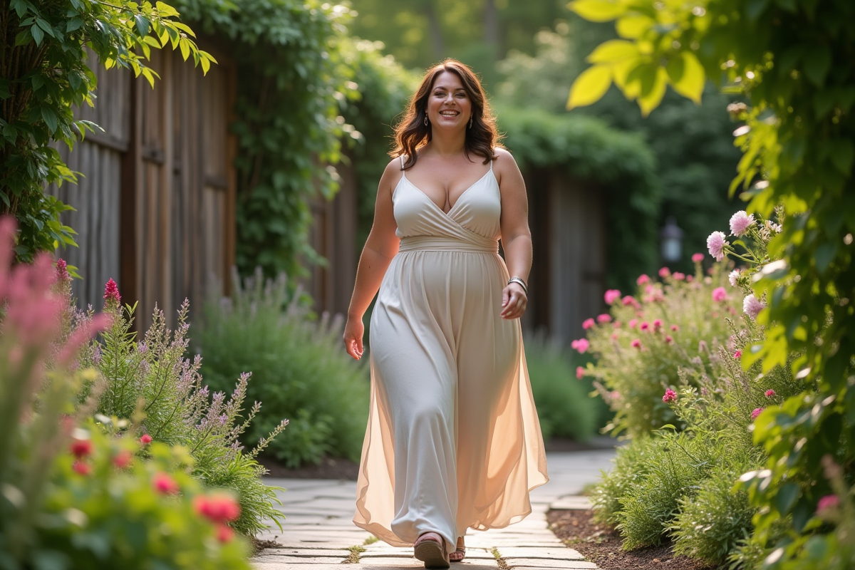 Femme en robe maxi dans un jardin en mouvement