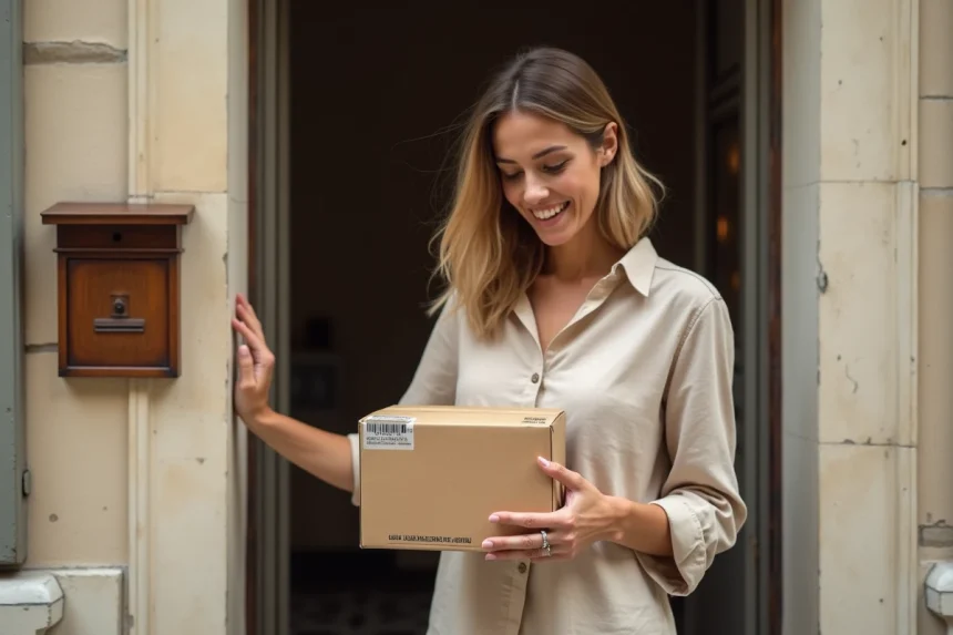 Femme recevant un colis Primor livraison France à la porte de son appartement parisien
