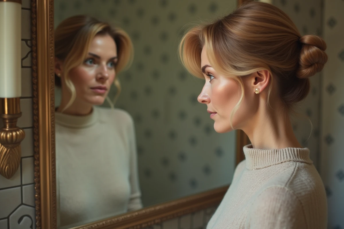 Femme regardant son reflet avec mèches châtain dans un miroir vintage