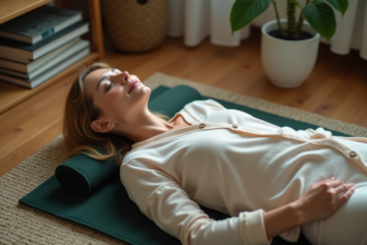 Femme détendue sur un tapis d'acupressure dans un salon cosy