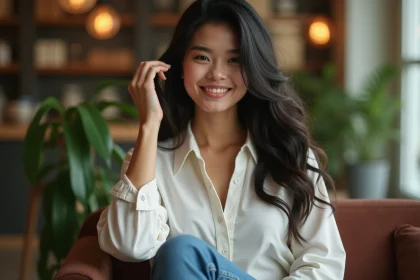 Femme souriante dans un salon moderne et chaleureux