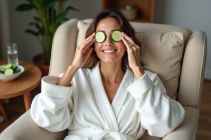 Femme souriante en robe coton posant avec concombre sur les yeux