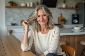 Femme de 50 ans aux cheveux gris détendus dans une cuisine moderne