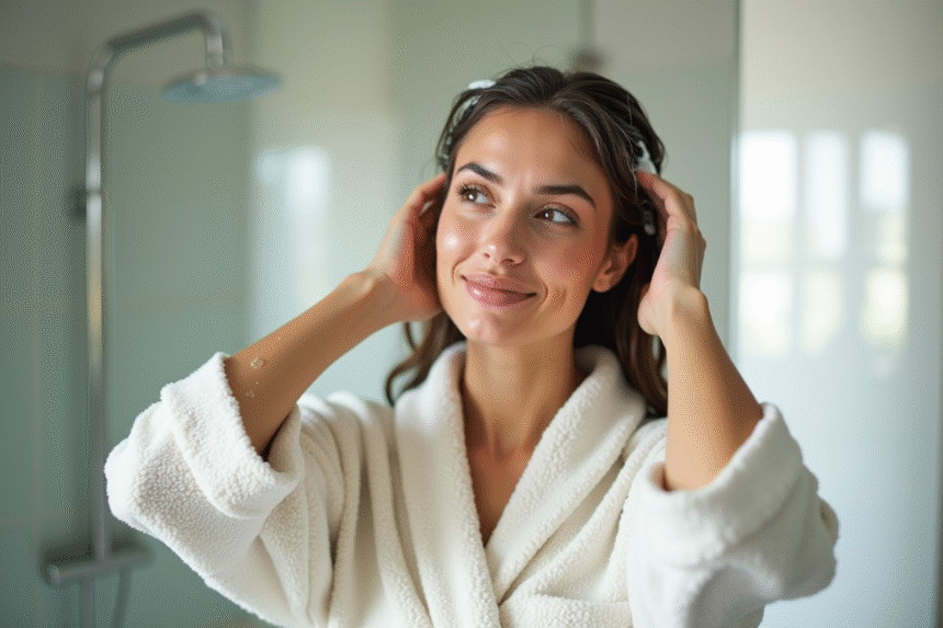 Jeune femme se lavant les cheveux dans une salle de bain moderne