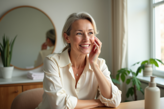 Femme confiante appliquant sa creme visage dans sa chambre