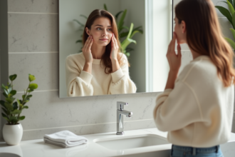 Jeune femme appliquant crème visage dans salle de bain moderne