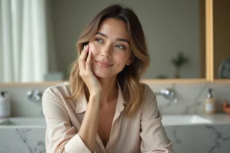 Femme appliquant une creme visage dans une salle de bain elegante