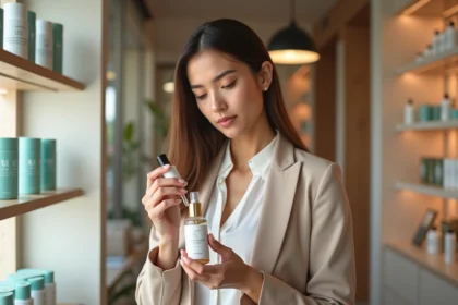 Femme professionnelle tenant un sérum visage dans un magasin de cosmétiques