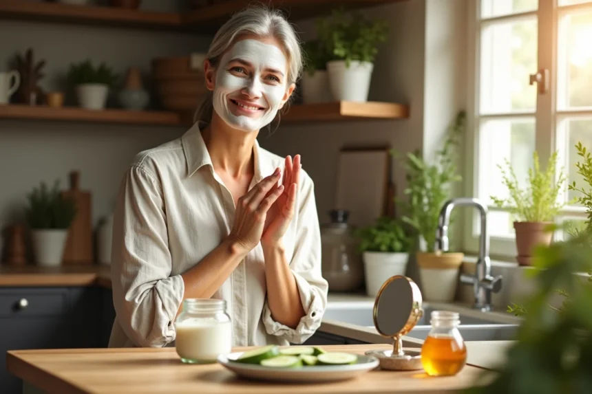 Femme appliquant un masque visage maison dans la cuisine