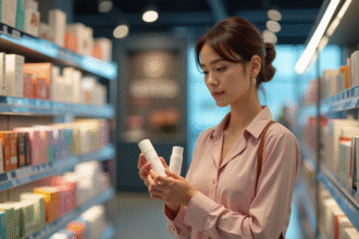 Femme élégante dans un magasin de cosmétiques en train de comparer des soins