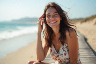 Femme souriante en robe d'été sur un ponton au bord de la mer
