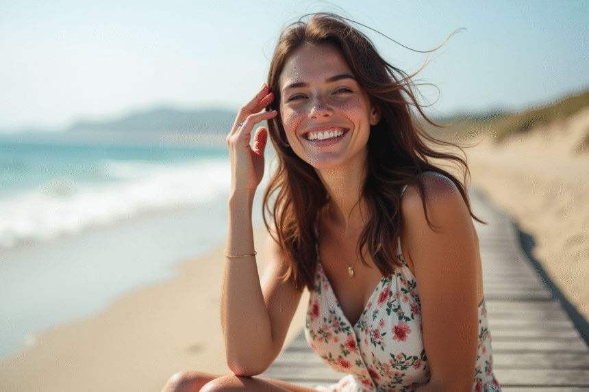 Femme souriante en robe d'été sur un ponton au bord de la mer