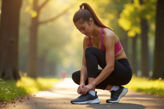 Femme en tenue de sport préparant son jogging dans un parc