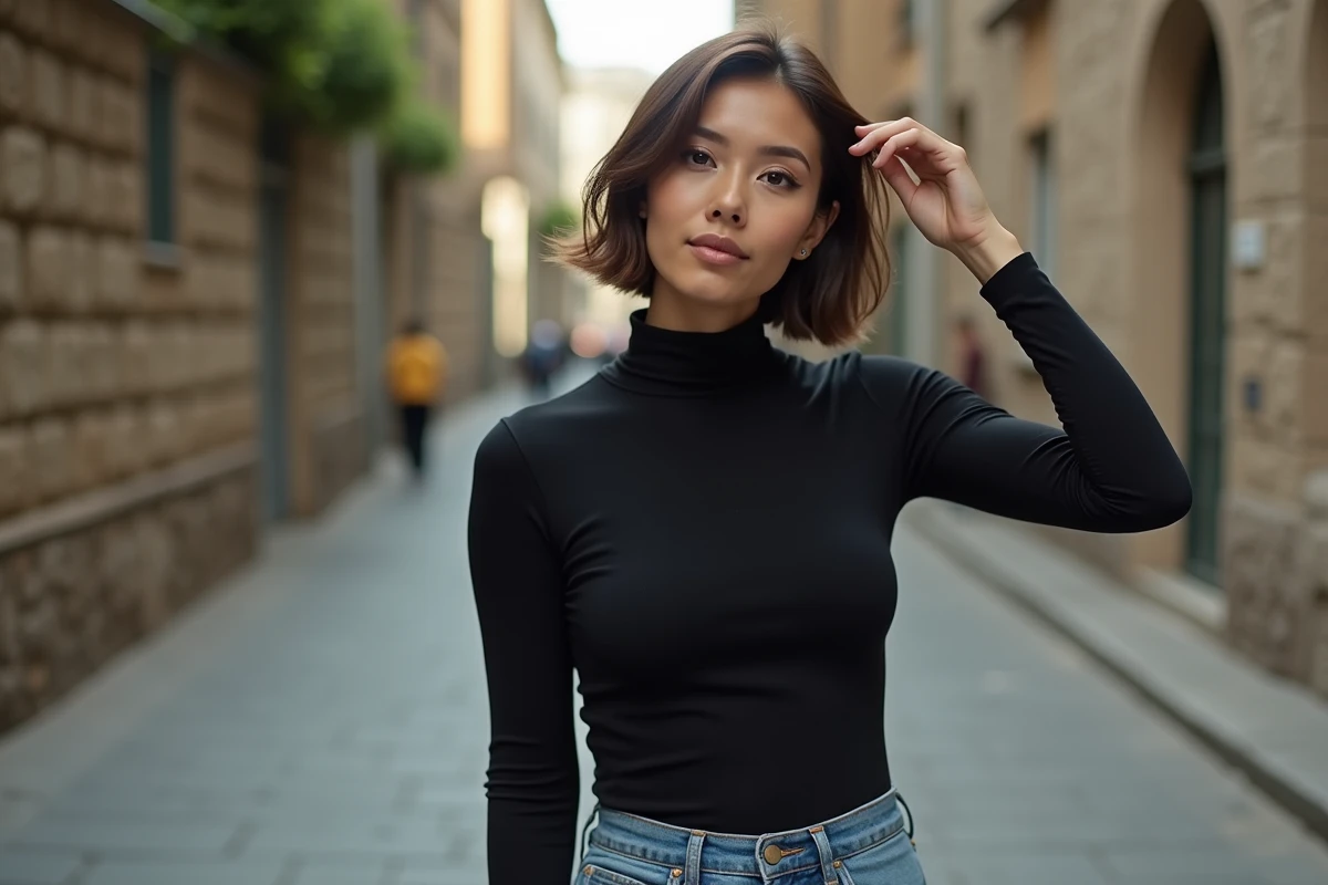 Femme avec coupe choppy dans la rue urbaine